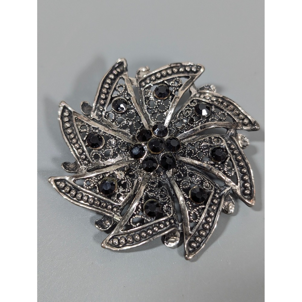Gray Metallic Black Rhinestone Statement Brooch Pin Starburst‎ Design